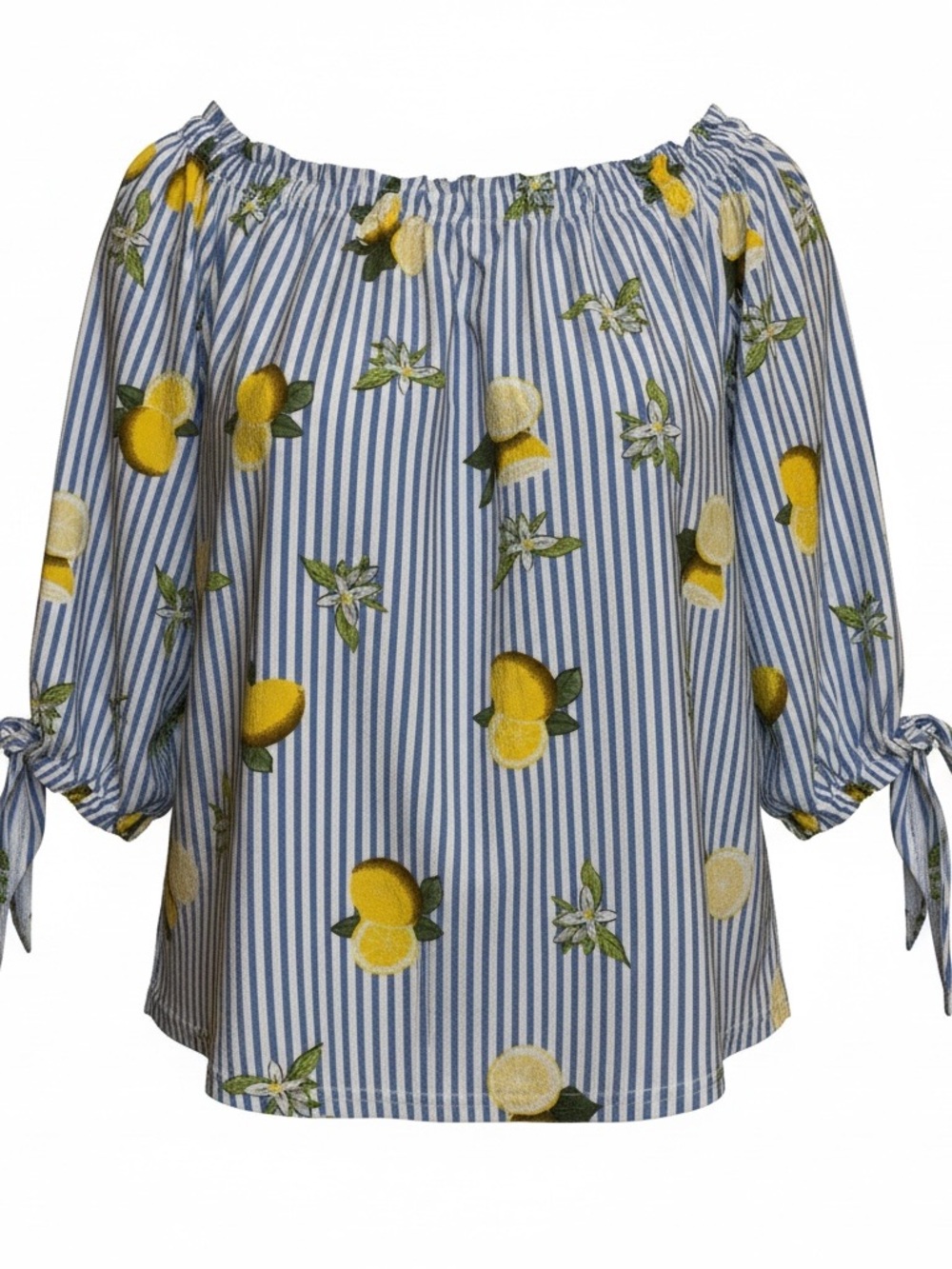 Unique Spectrum Knit Lemon Stripe Off Shoulder Blouse Top XL Blue 🍋